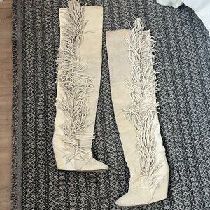 Isabel Marant Manly Fringe Knee-High Boots Ivory Suede Leather EU 38